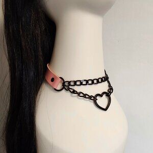 Pink choker/fashion collar necklace with chain and heart. Neck size 13" to 16.5"